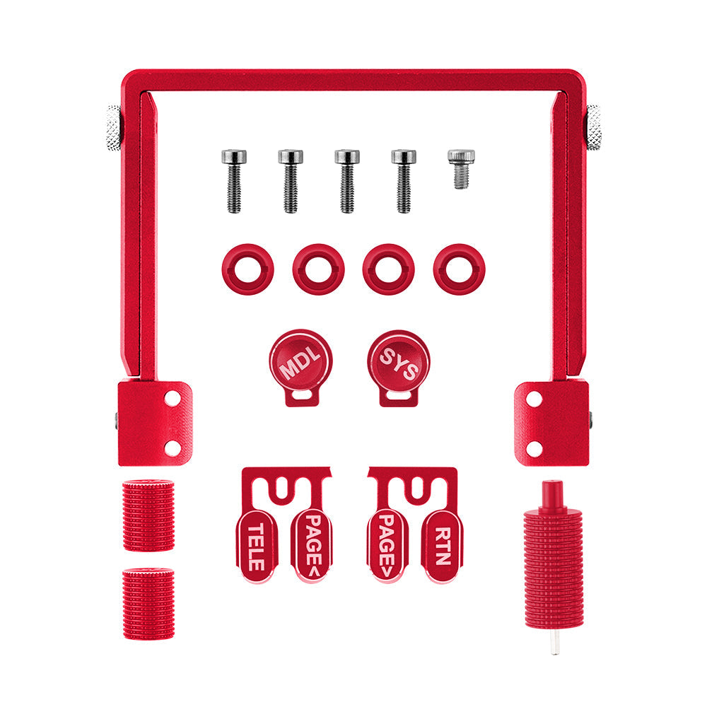 RadioMaster TX15 CNC Upgrade Parts Set in red, billet aluminum handle, screws, washers, switch caps and trims