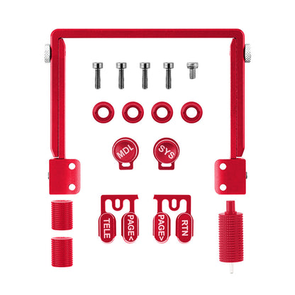 RadioMaster TX15 CNC Upgrade Parts Set in red, billet aluminum handle, screws, washers, switch caps and trims