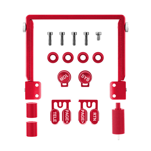 RadioMaster TX15 CNC Upgrade Parts Set in red, billet aluminum handle, screws, washers, switch caps and trims