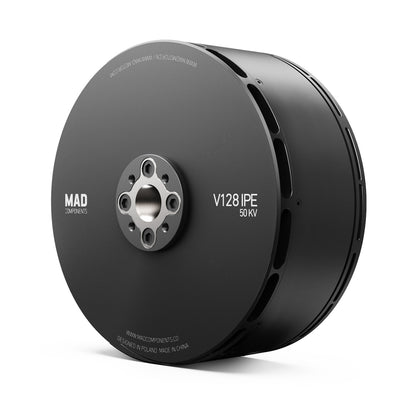 MAD V128 IPE V2.0 eVTOL UAV Drone Motor, MAD V128 IPE 50KV brushless UAV motor with black housing and front mounting hub