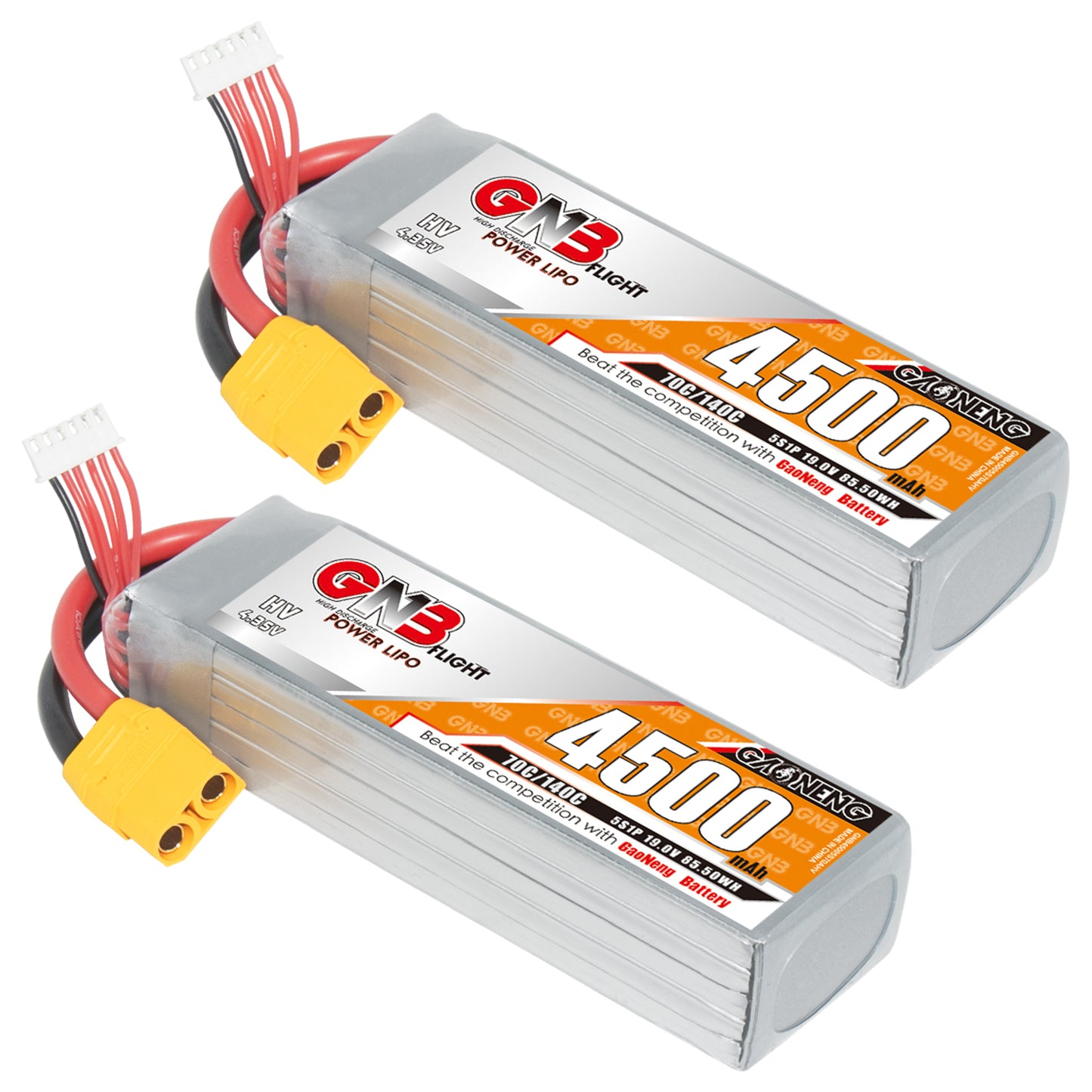 Two GNB 4500mAh LiHV battery packs shown together with balance leads and yellow XT90-style connectors