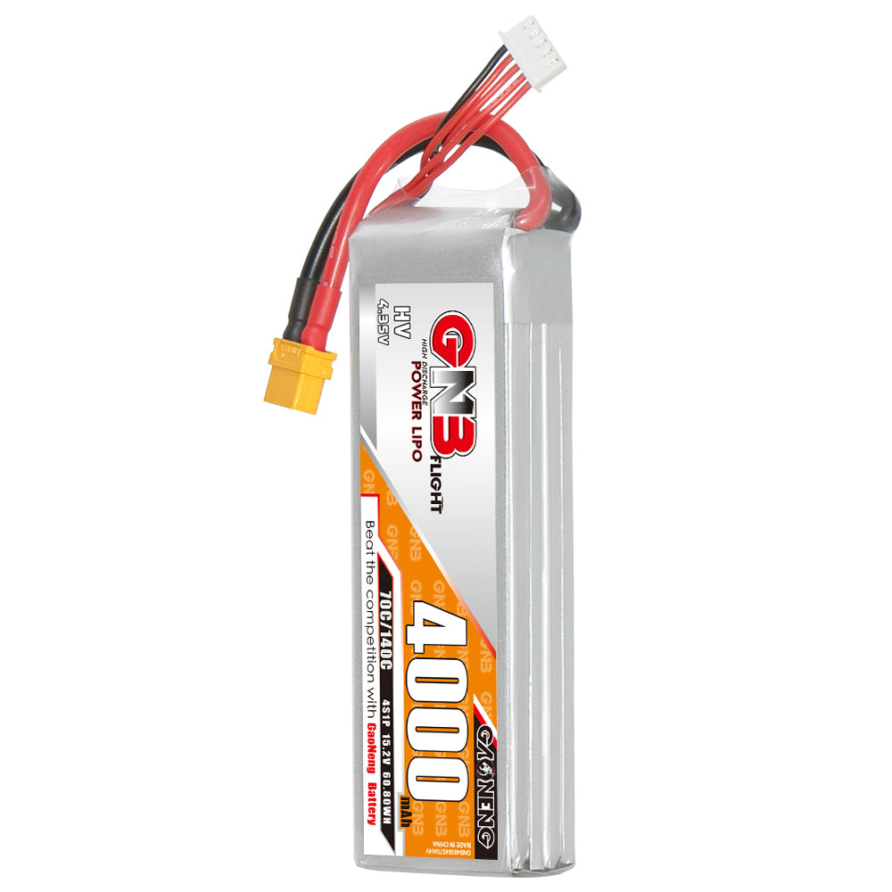 GNB 4S LiHV 15.2V 4000mAh 70C LiPo battery with XT60 connector and balance lead, label view