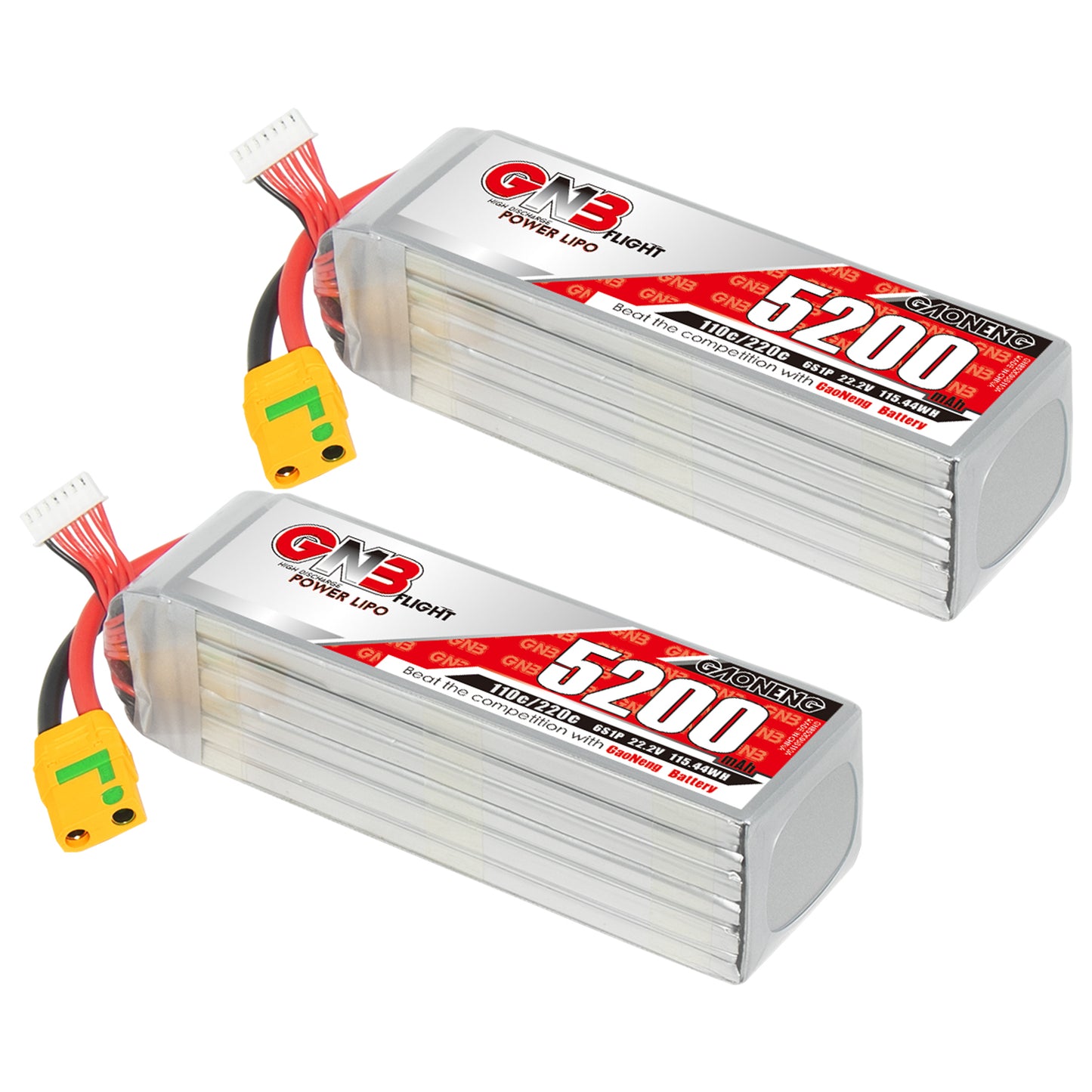 Two GNB 5200mAh LiPo packs shown with XT90S connector and balance lead, angled view