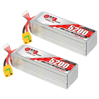 Two GNB 5200mAh LiPo packs shown with XT90S connector and balance lead, angled view