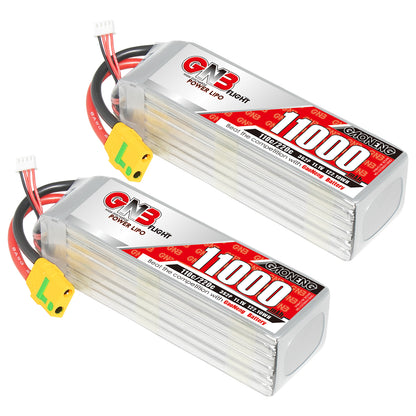 Two GNB 3S 11000mAh 110C LiPo batteries shown with XT90S-style yellow anti-spark connectors
