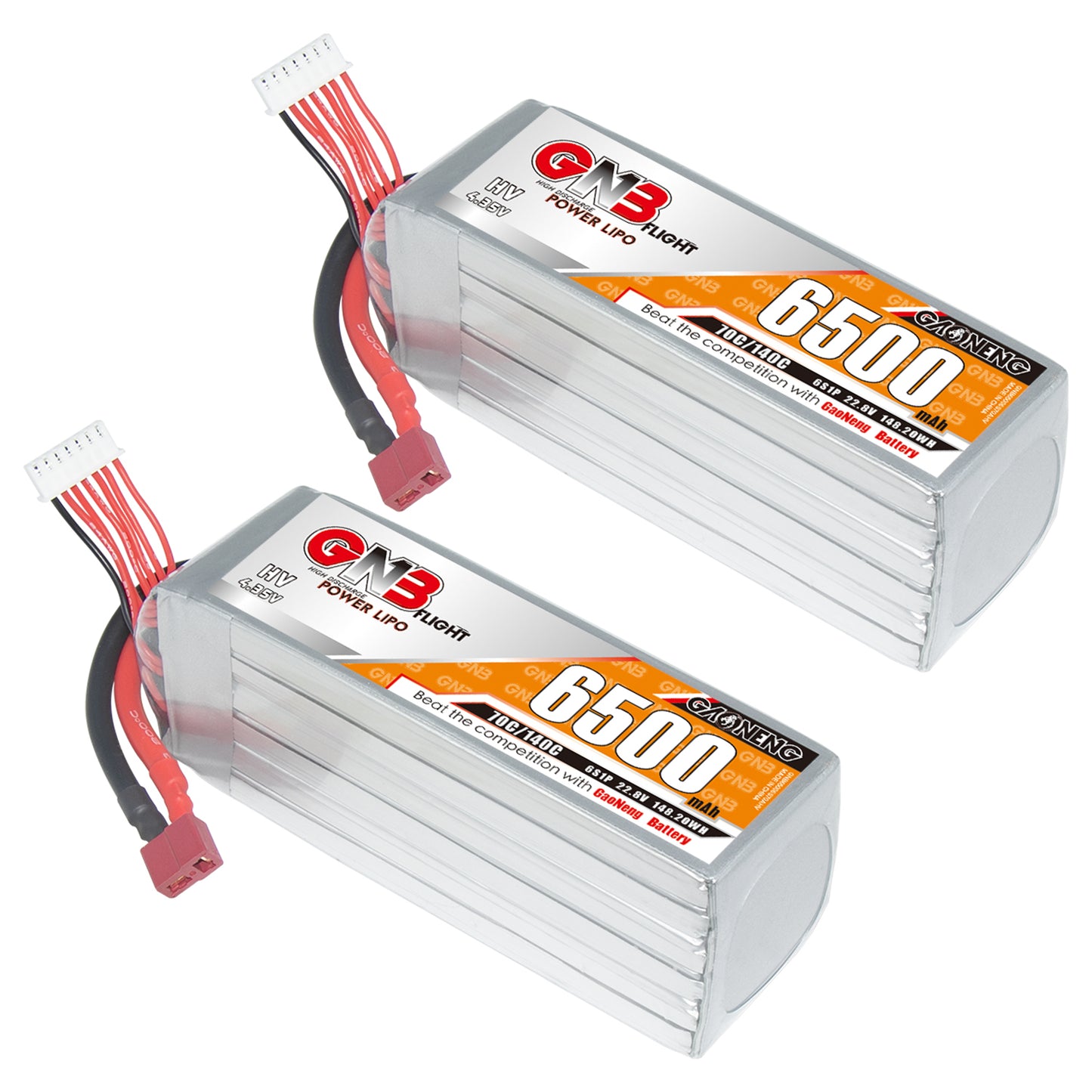 Two GNB 6S HV 6500mAh LiPo packs shown side by side with leads and connectors