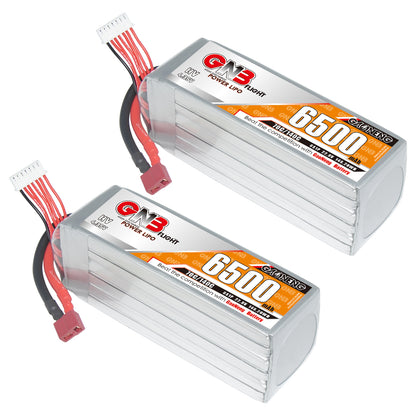 Two GNB 6S HV 6500mAh LiPo packs shown side by side with leads and connectors