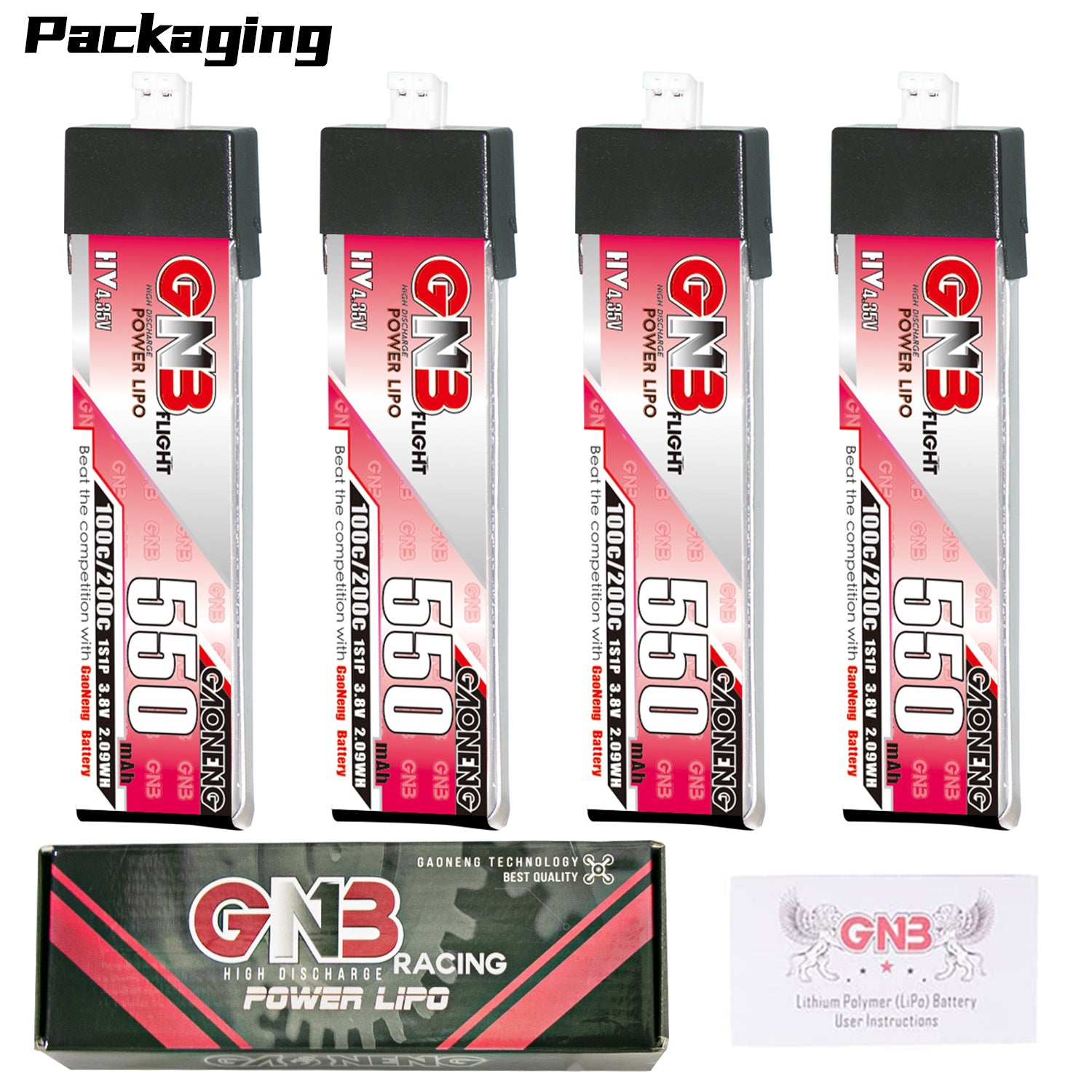 Packaging contents: 4x GNB 550mAh 1S LiHV batteries with retail box and user instructions card
