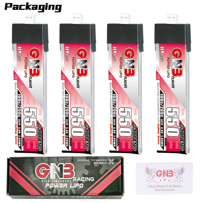 Packaging contents: 4x GNB 550mAh 1S LiHV batteries with retail box and user instructions card