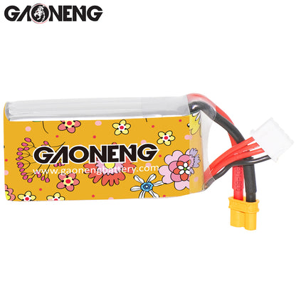 GAONENG battery rear/side view showing floral wrap and website text, XT30 plug and balance lead