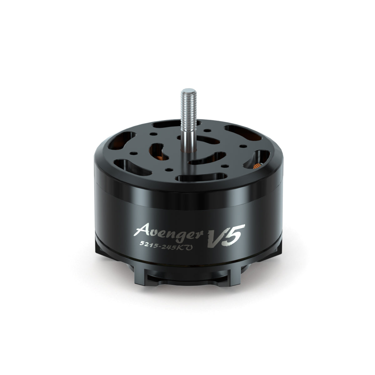 BrotherHobby Avenger 5215 V5 Motor, BrotherHobby Avenger 5215 V5 brushless motor with black can, top ventilation cutouts, and threaded shaft