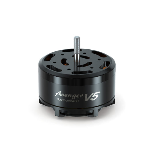 BrotherHobby Avenger 5215 V5 Motor, BrotherHobby Avenger 5215 V5 brushless motor with black can, top ventilation cutouts, and threaded shaft
