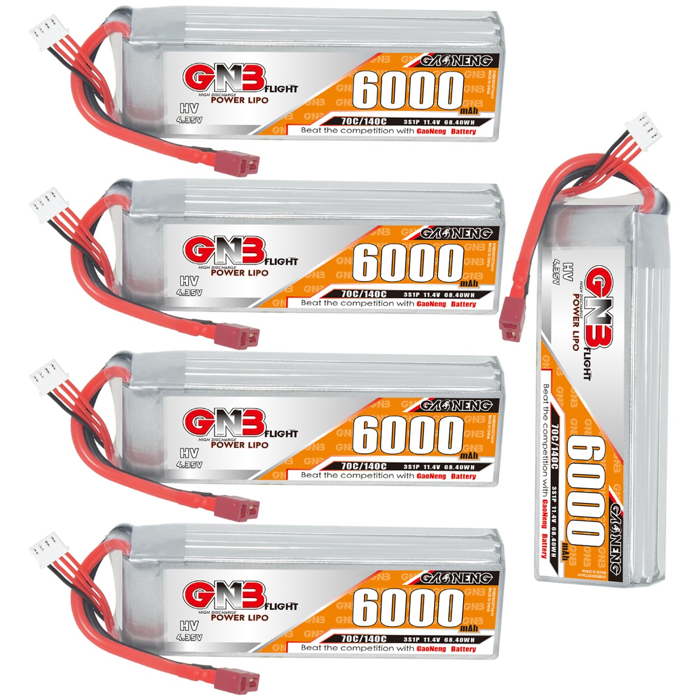 Set view with four horizontal GNB 6000mAh packs plus one upright pack showing label and leads