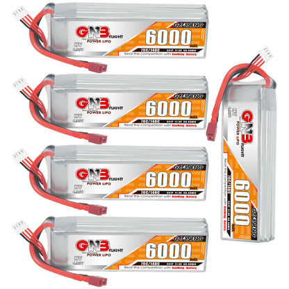 Set view with four horizontal GNB 6000mAh packs plus one upright pack showing label and leads