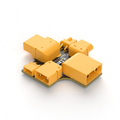 3-in-1 short circuit protector board with XT30, XT60 and XT90 yellow power connectors on a small PCB