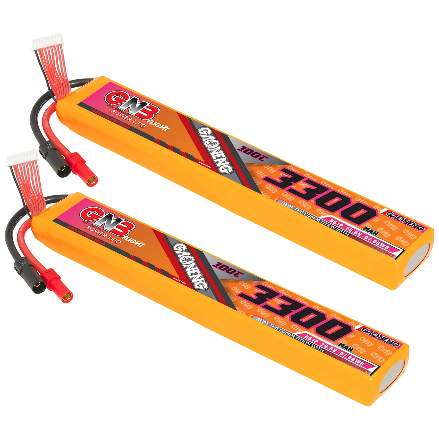 Two GAONENG GNB 8S 3300mAh 100C LiPo battery packs shown with XT150 discharge leads