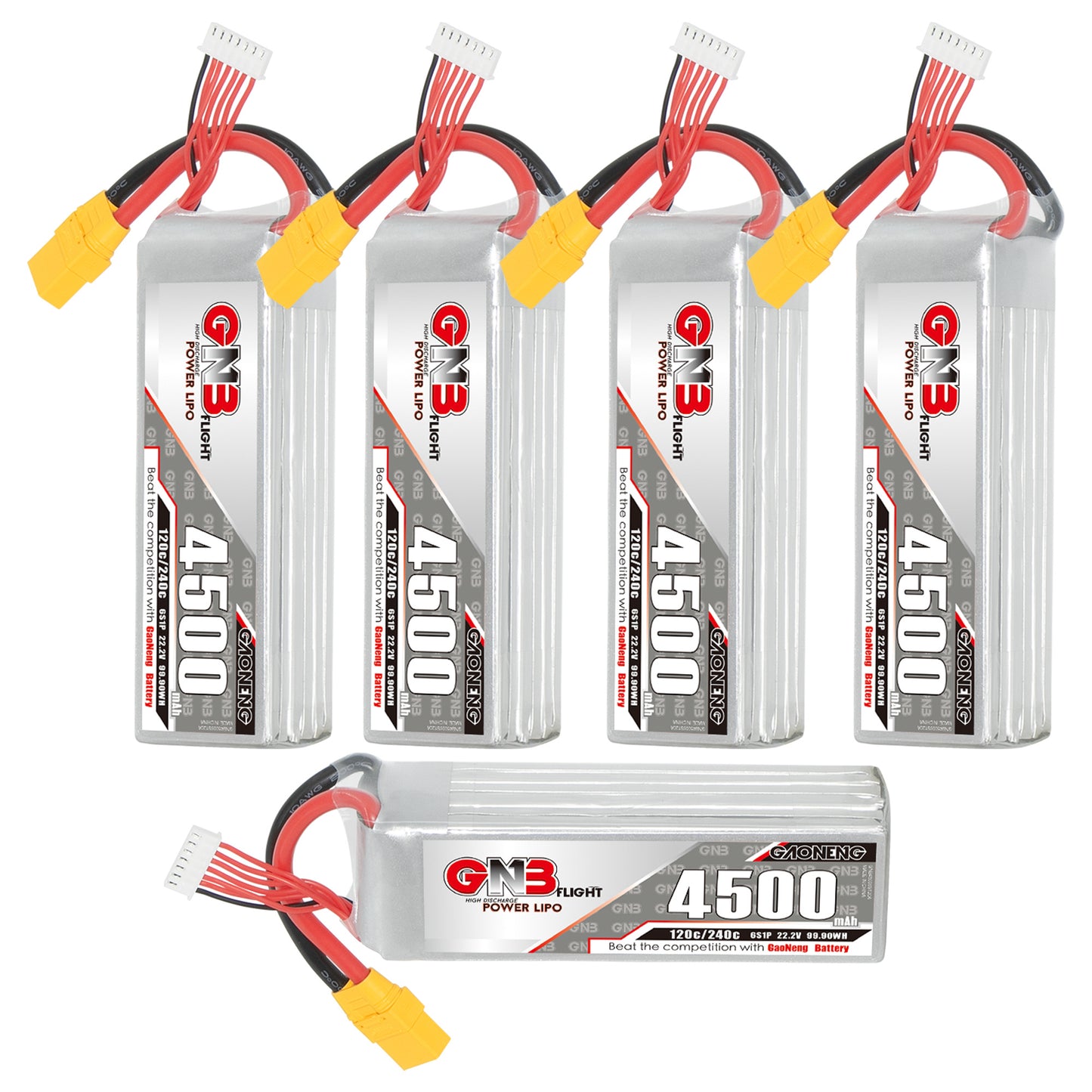 Five GNB 4500 LiPo batteries set: four upright and one horizontal, showing labels and XT90 leads