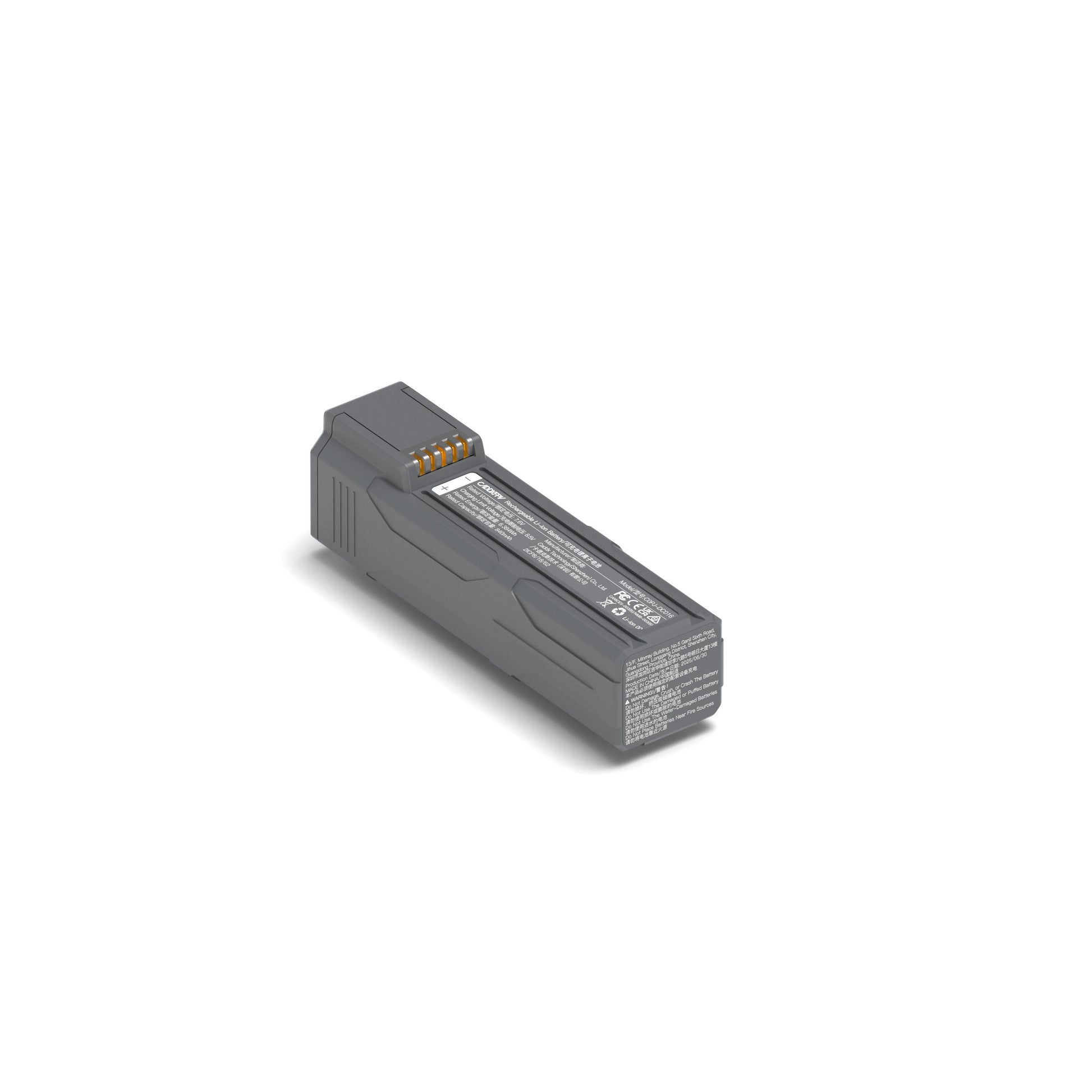 CaddxFPV Protos 2S Battery with metal contact pins and printed specification label, angled view