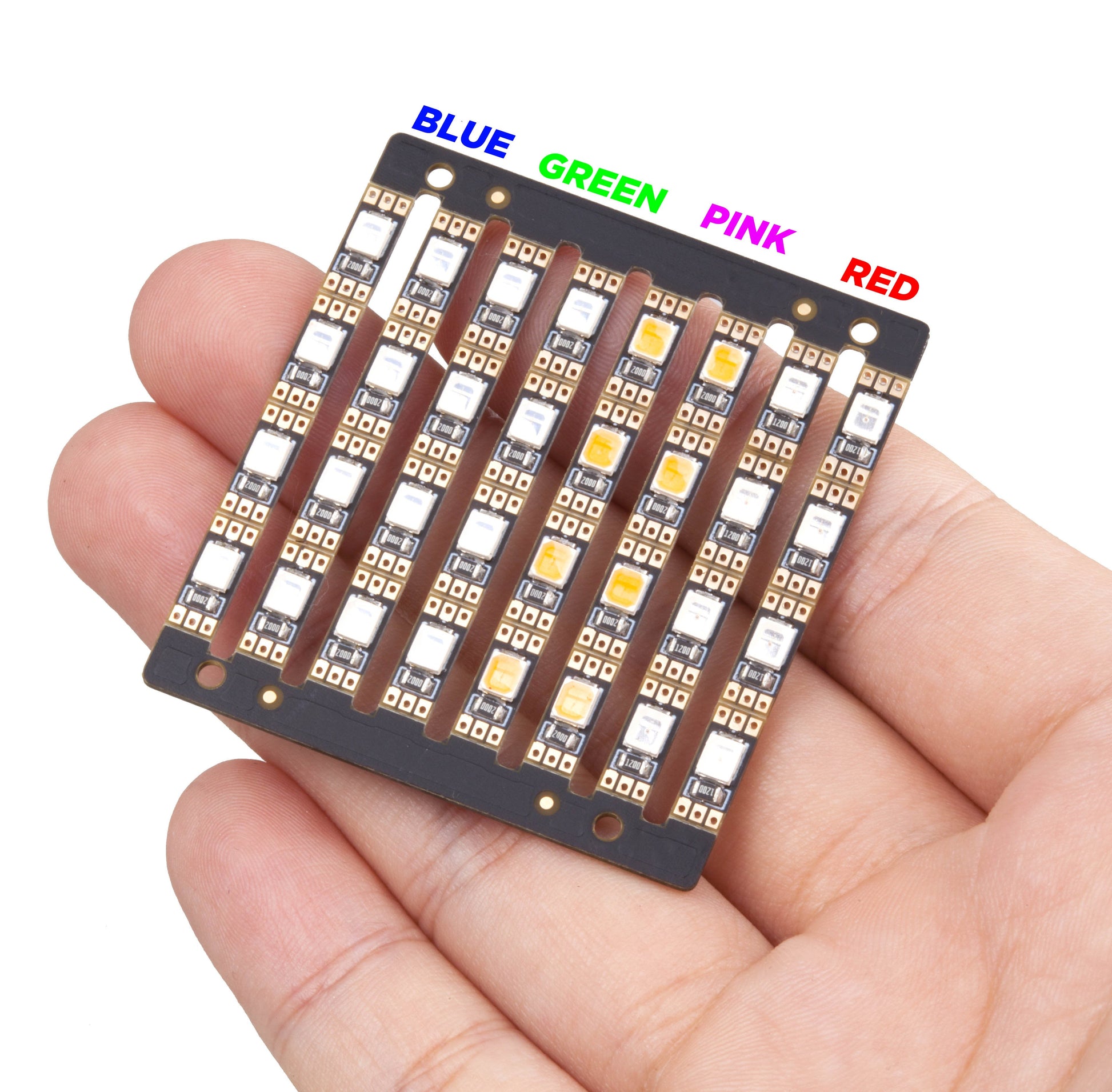 FLYWOO 12PCS 4x10mm Arm LED Board Light, FLYWOO arm LED board light panel with multiple slim breakaway strips, solder pads, and blue/green/pink/red labels