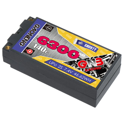 Angled view of GAONENG GNB 6300mAh 140C 2S 7.4V shorty hard case LiPo battery