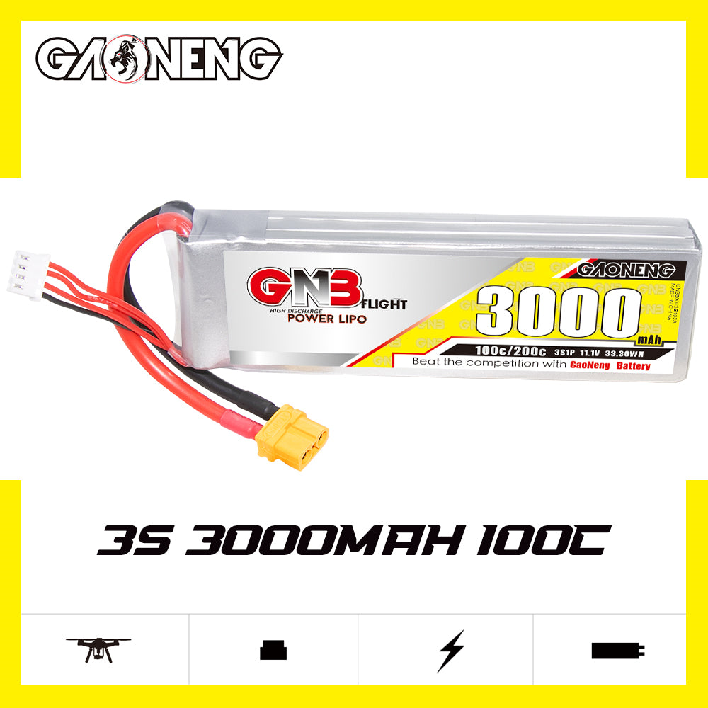 GAONENG GNB 3000mAh 3S 100C LiPo battery label side view with 3S 3000mAh 100C graphic