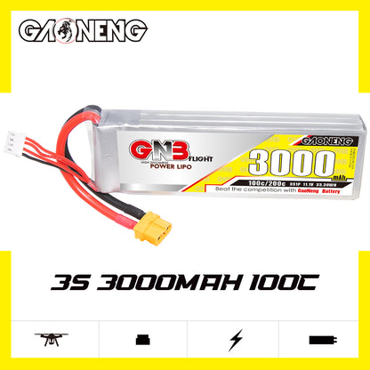 GAONENG GNB 3000mAh 3S 100C LiPo battery label side view with 3S 3000mAh 100C graphic