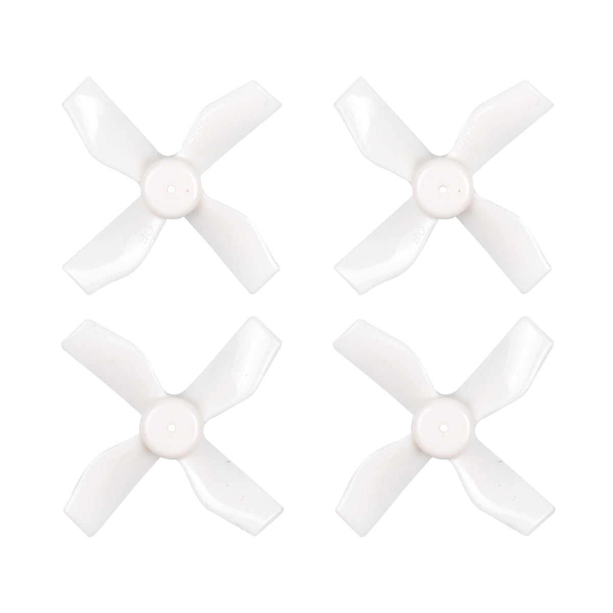 White 4-blade micro whoop propeller set, four props shown on white background