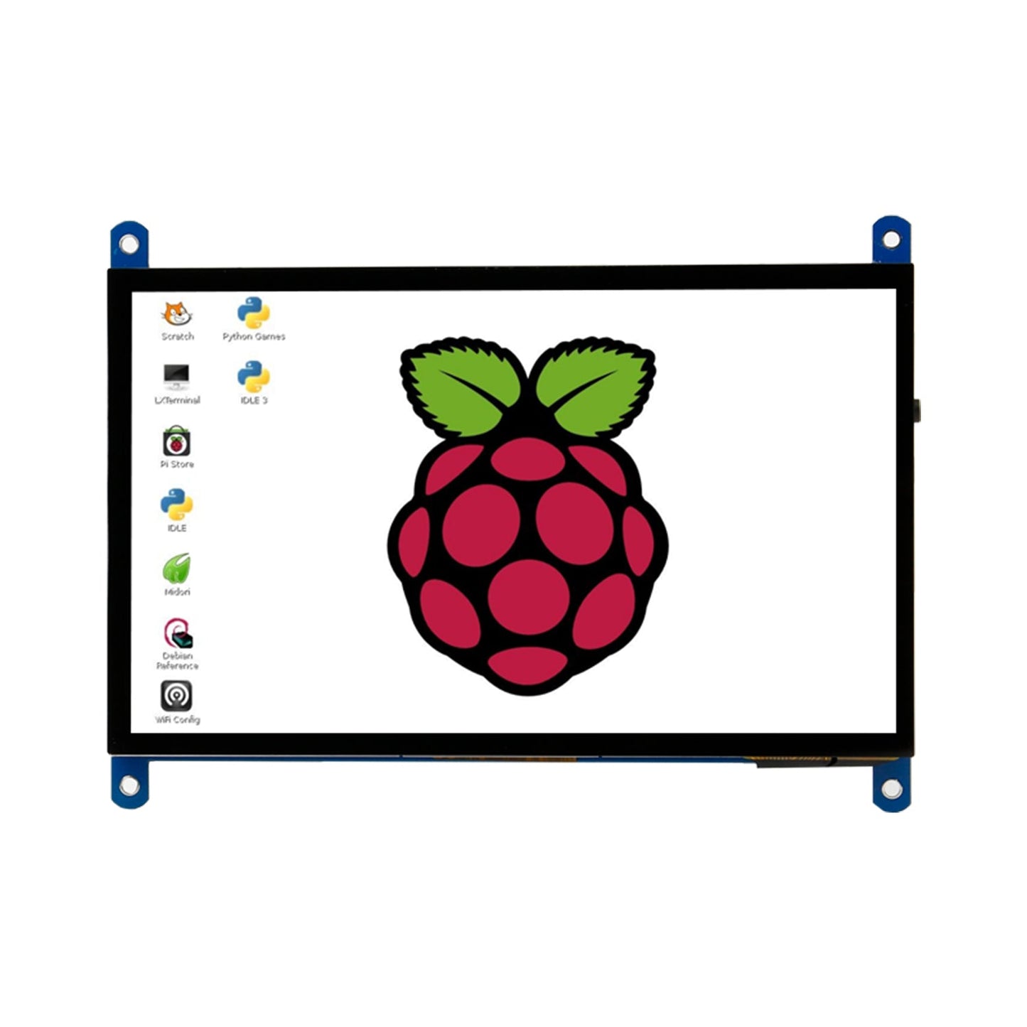 7 Inch 1024x600 capacitive touch screen display, front view showing Raspberry Pi desktop