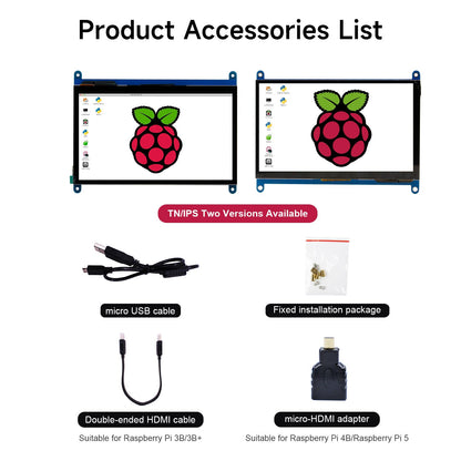 Product accessories list for 7 inch touch display: micro USB cable, HDMI cable, micro‑HDMI adapter, screws