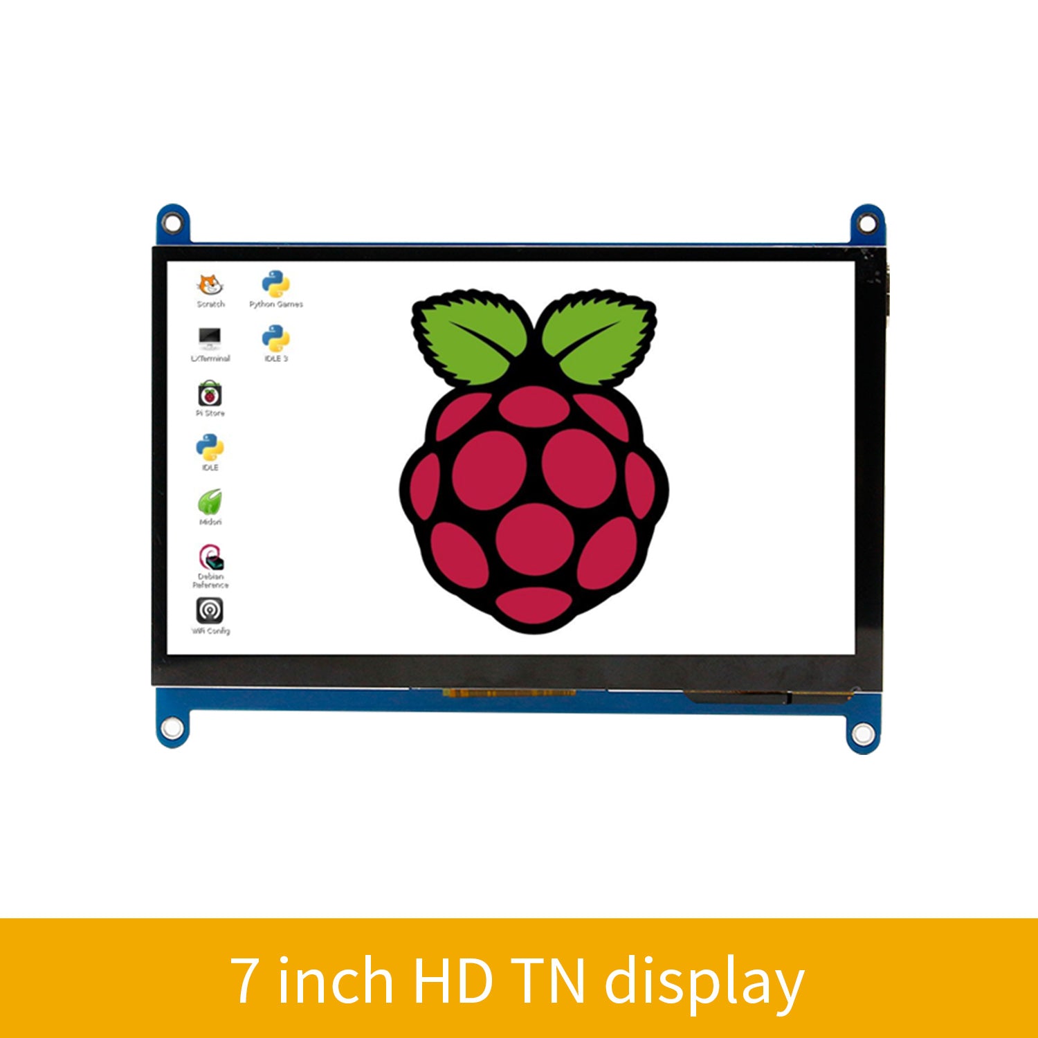 7 inch HD TN display front view showing Raspberry Pi desktop icons