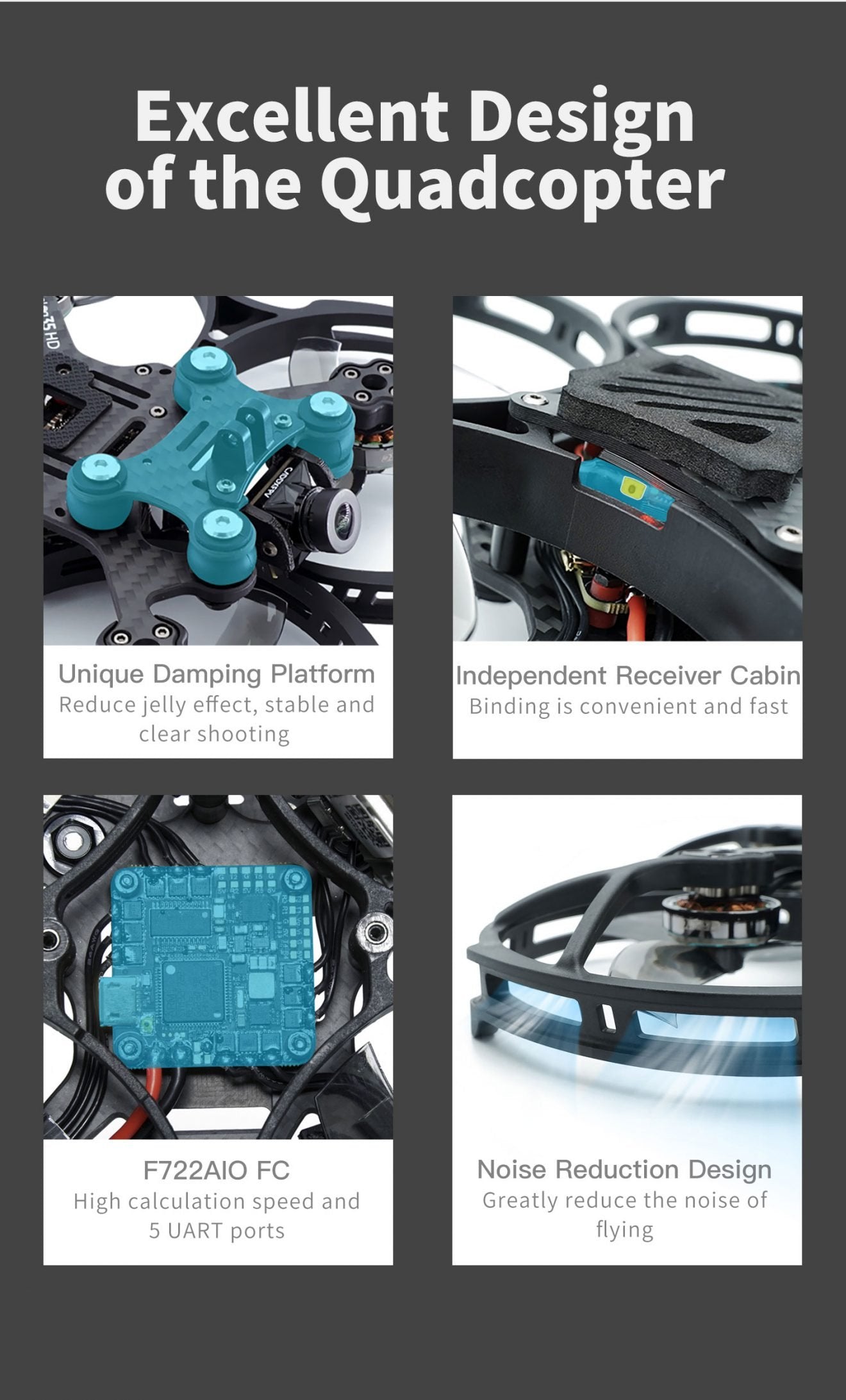 GEPRC CineLog35 FPV Drone - Analog CineWhoop 4S/6S Cinewhoop GR2004-1750KV / 2550KV Motor For RC FPV Quadcopter Freestyle Drone 14 GEPRC CineLog35 FPV Drone, F722AIO FC Noise Reduction Design High calculation speed and Greatly reduce the noise