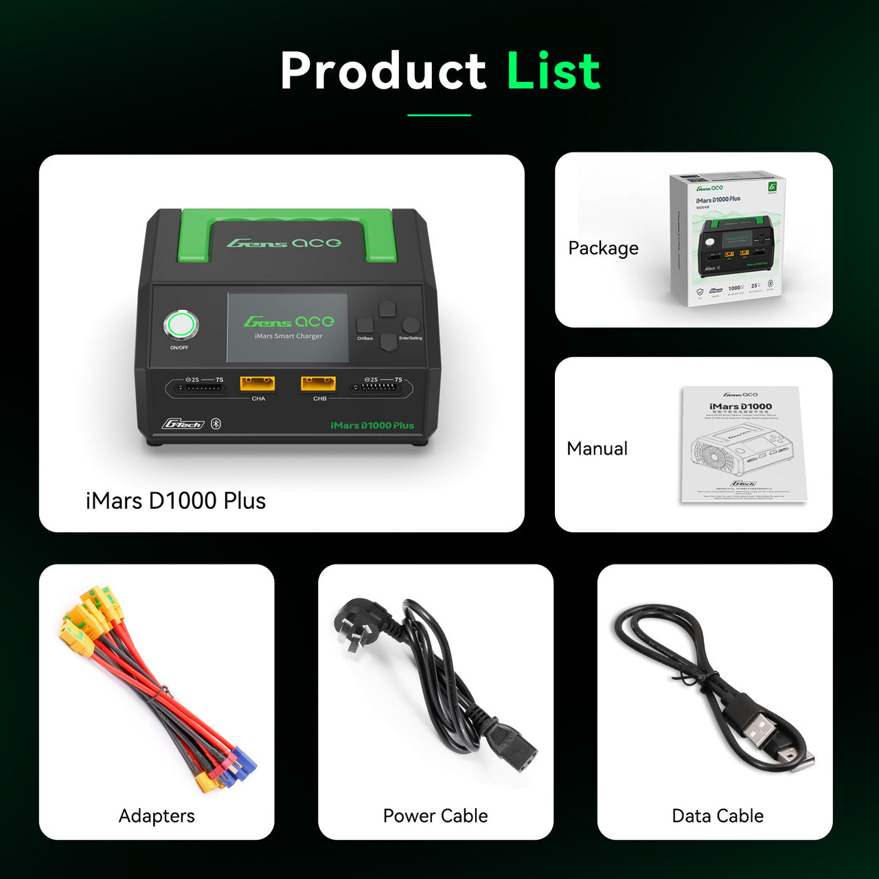 Gens ace iMars D1000 Plus Smart Laddare - Bluetooth App-kontroll, Dubbelkanal, G-Tech, 1000W