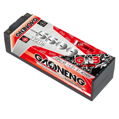 Angled view of GAONENG GNB 5500mAh 4S hard case LiPo battery showing top terminals and label