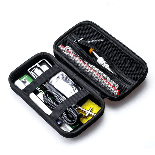 Flywoo FPV quad tool kit in a zippered case with soldering iron, cable, sponge, and small accessories