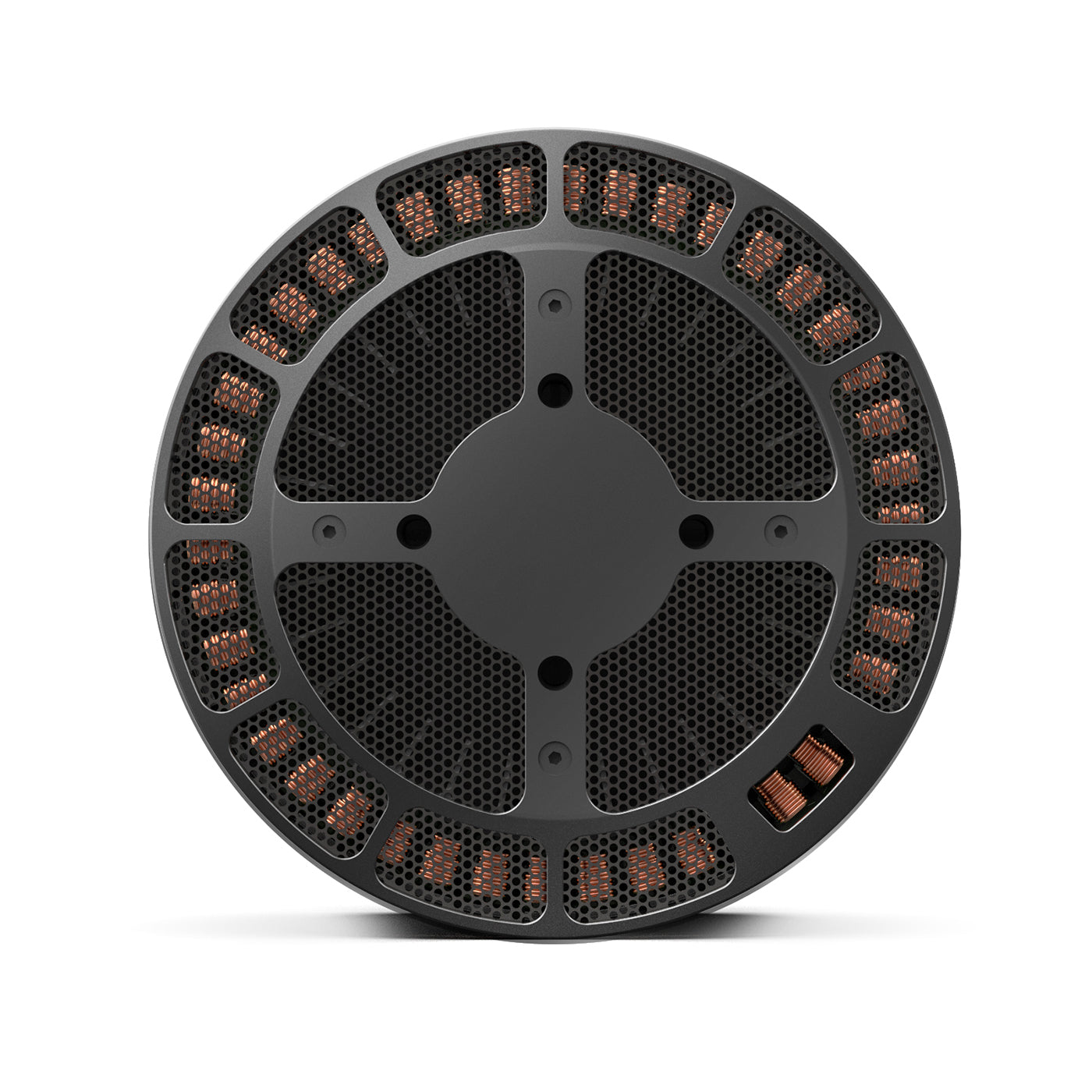 MAD V122L IPE 36KV eVTOL Drone Motor, Top view of MAD V122L IPE eVTOL drone motor with circular housing, honeycomb vents, and visible copper windings