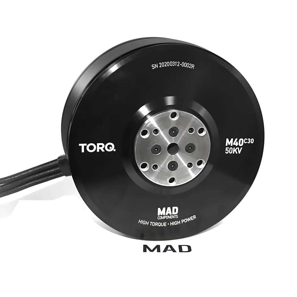 MAD TORQ M40C30 50KV v2.1 brushless motor with black housing, metal hub mounting holes, and cable lead