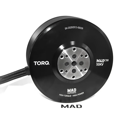 MAD TORQ M40C30 50KV v2.1 brushless motor with black housing, metal hub mounting holes, and cable lead