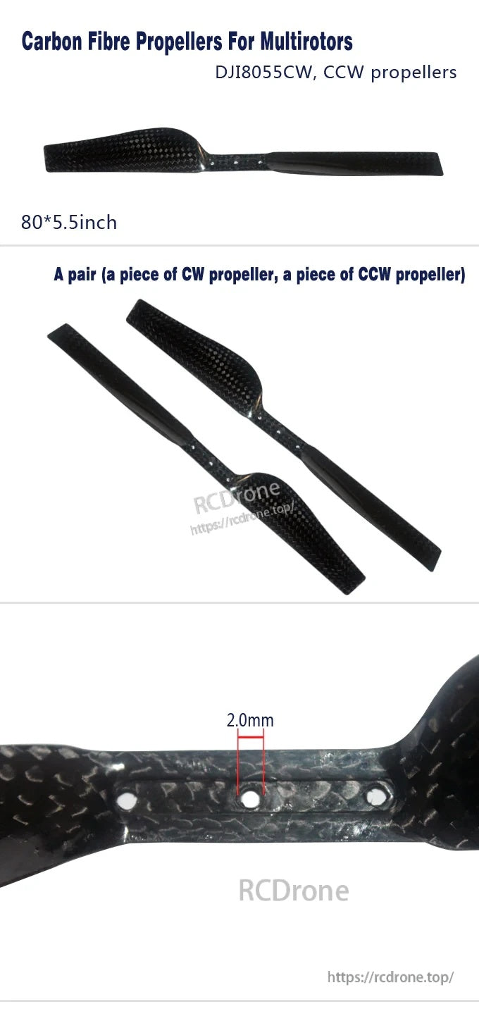 8045 CW CCW carbon fiber propeller set for multirotors with 80×5.5 inch size marking and 2.0 mm thickness detail