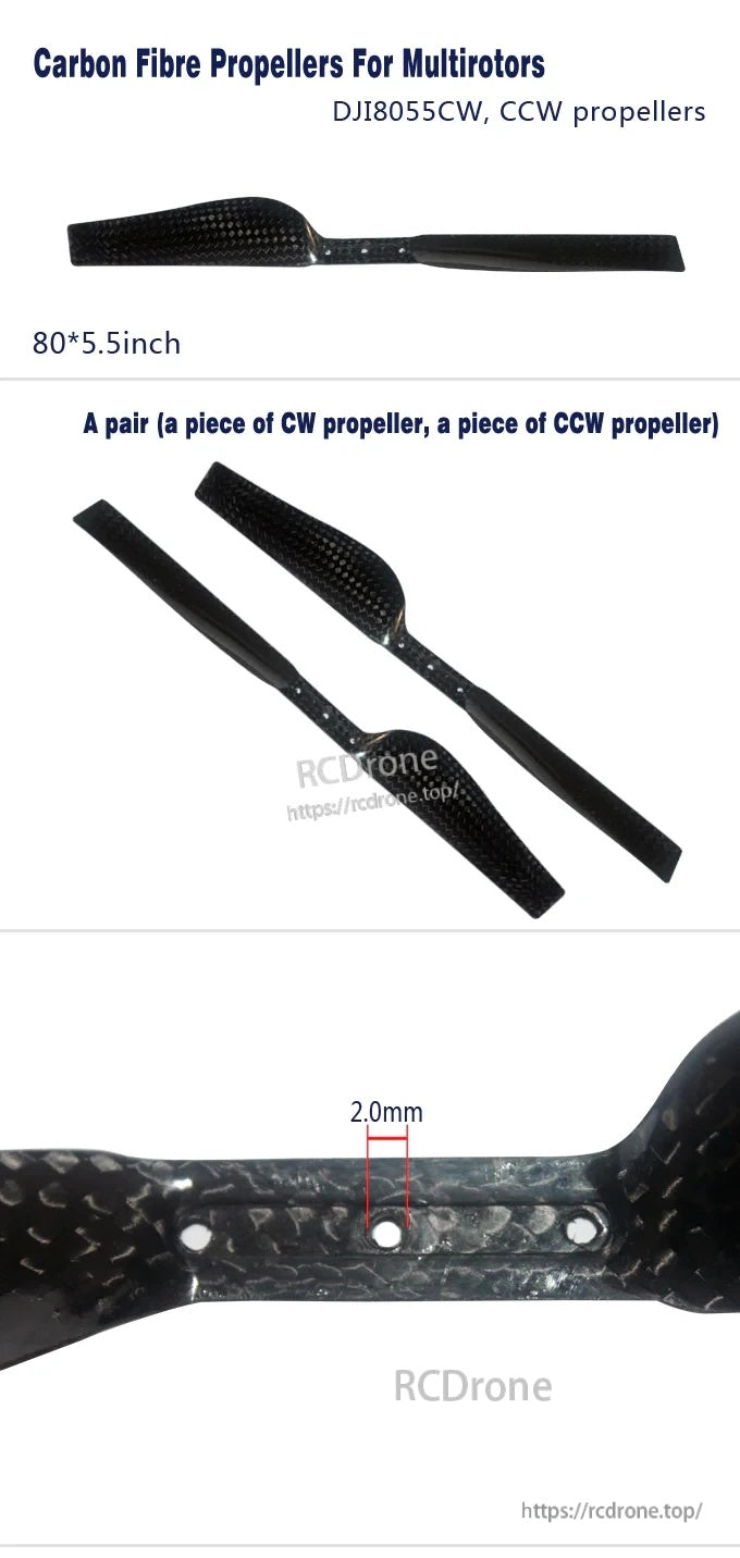 DJI 8055 carbon fibre propellers (CW/CCW pair) with 80×5.5 inch marking and 2.0 mm thickness detail