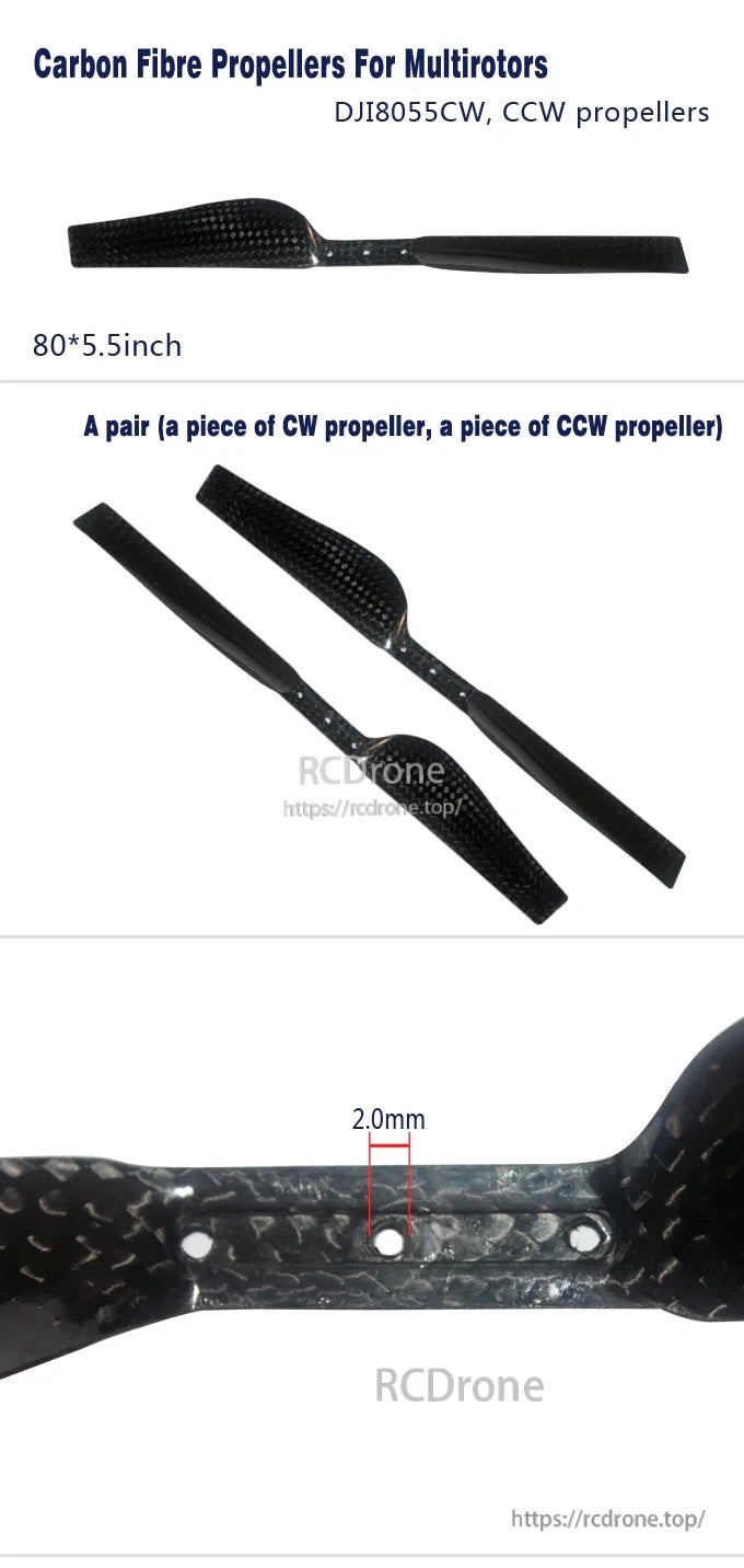8055 CW/CCW carbon fiber propeller pair for multirotors, 80×5.5 inch blades with 2.0 mm root thickness