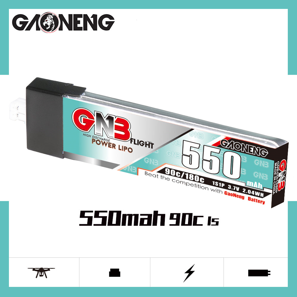 GNB 550mAh 90C 1S LiPo battery graphic on white background with GAONENG branding