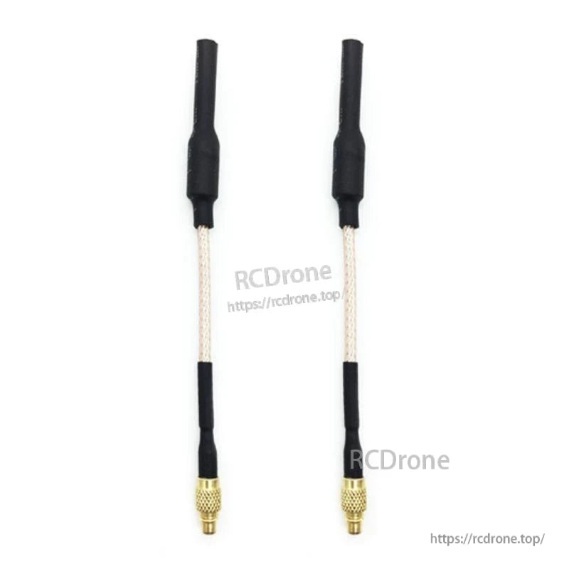 Two 80mm 5.8GHz linear FPV antennas side by side, MMCX-J gold connectors and heat-shrink tips