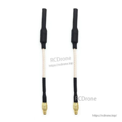 Two 80mm 5.8GHz linear FPV antennas side by side, MMCX-J gold connectors and heat-shrink tips