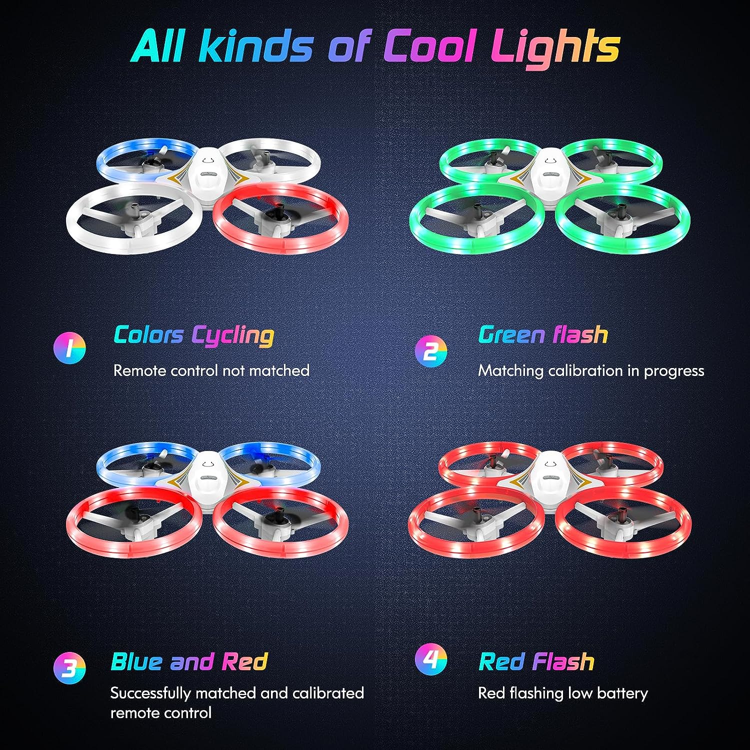 DyineeFy Mini Drone, AIl kinds of Cool Lights 3 Colors Cycling Green flash Remote