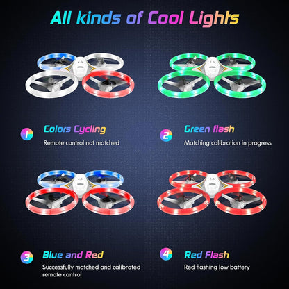 DyineeFy Mini Drone, AIl kinds of Cool Lights 3 Colors Cycling Green flash Remote