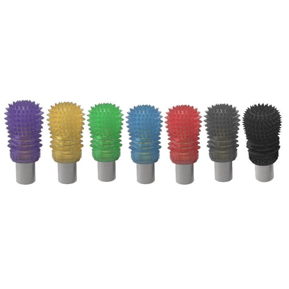 Assorted spiked silicone thumb stick ends lined up, showing color options and metal bases