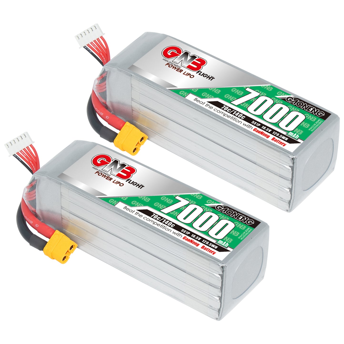 Two GAONENG GNB 7000mAh LiPo battery packs shown together with XT60 leads and balance plugs