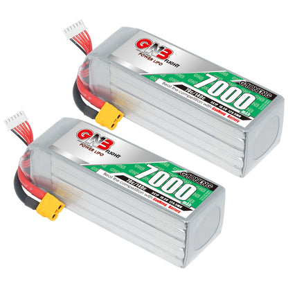 Two GAONENG GNB 7000mAh LiPo battery packs shown together with XT60 leads and balance plugs