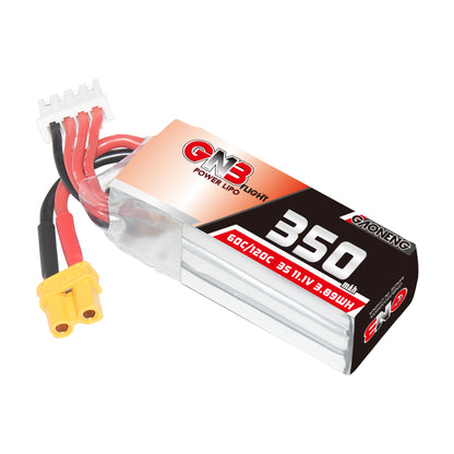 Angled view of GNB 350mAh 3S LiPo pack showing XT30 connector, balance plug, and 60C/120C label