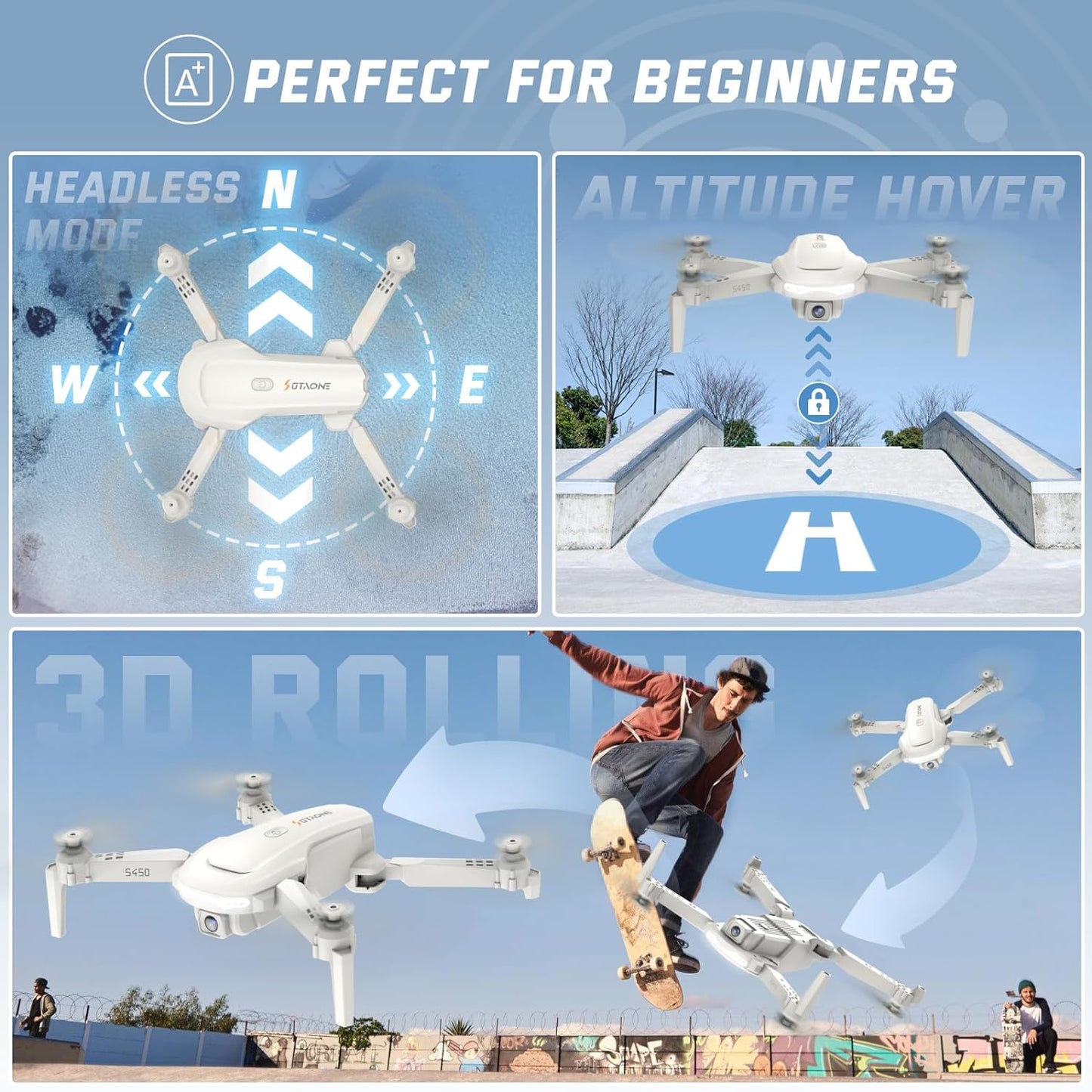 SOTAONE S450 Drone - 1080P HD FPV Drones for Kids with One Key Take Off/Land, Altitude Hold, Mini Foldable Drone with 2 Batteries